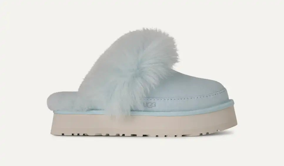 Papuci tip UGG cu blană voluminoasă și platformă – Albastru deschis