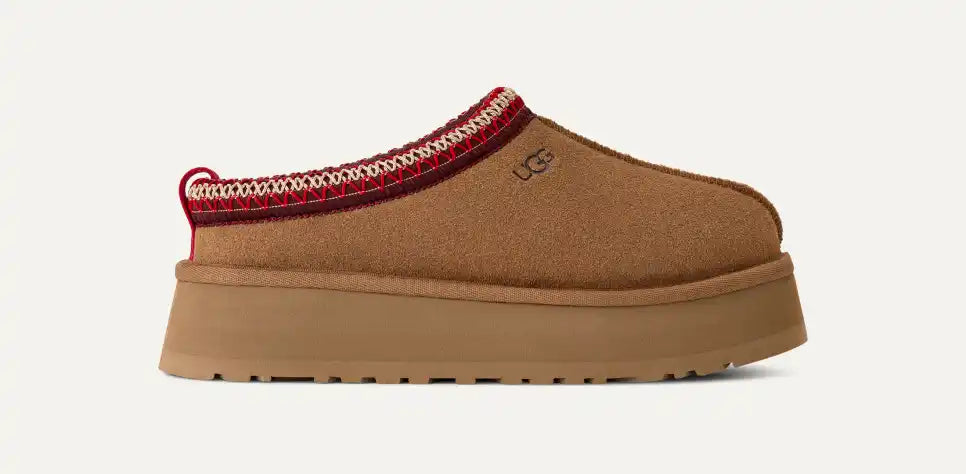Papuci tip UGG cu platformă – Maro camel cu accente roșii