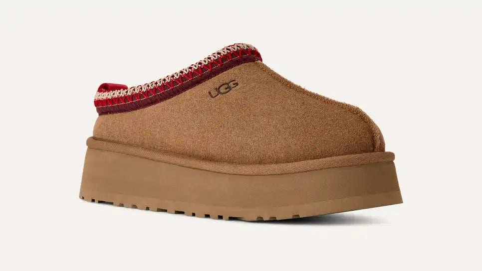 Papuci tip UGG cu platformă – Maro camel cu accente roșii